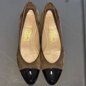Salvatore Ferragamo Brown Suede Flats with Black Cap Toe 9.5 B rubber sole added
